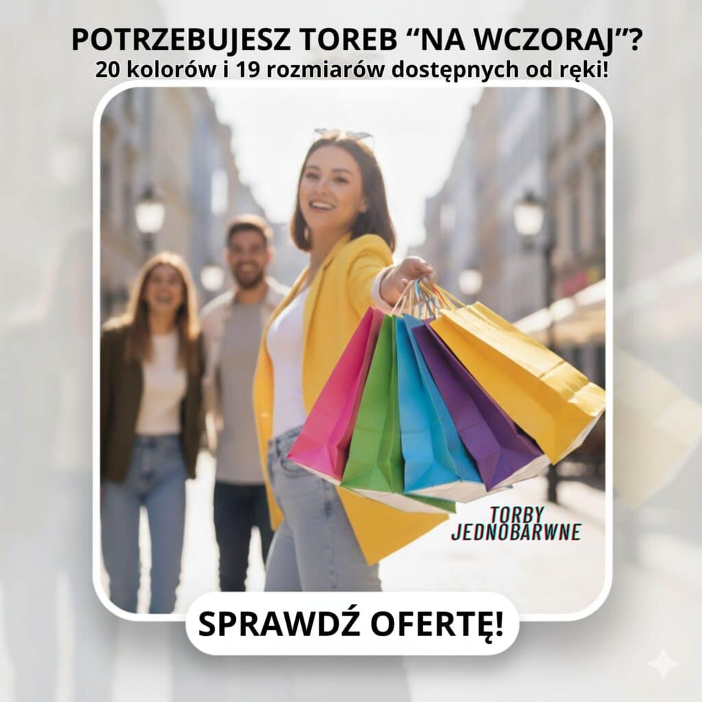 Kobieta z kolorowymi torbami zakupowymi Mer Plus - promocja toreb papierowych