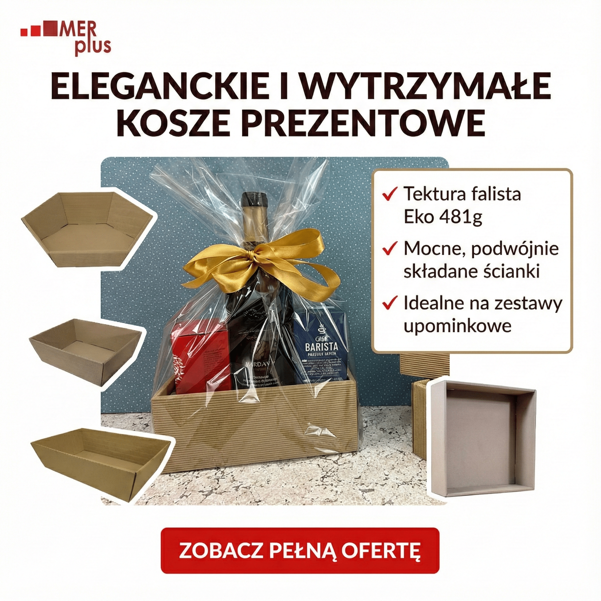 Eleganckie i wytrzymałe kosze papierowe na prezenty z widocznym logo Mer Plus i bogatym asortymentem produktów dekoracyjnych