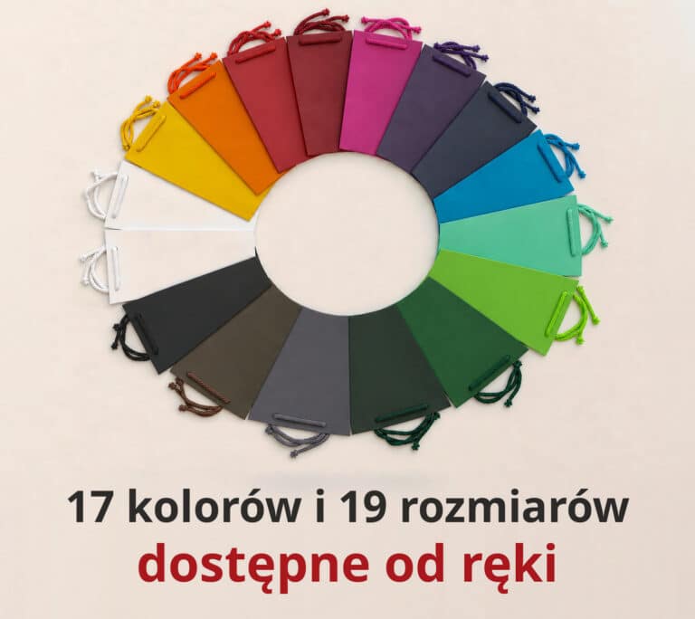 Kolorowe torby papierowe jednobarwne ze sznurkowymi uchwytami ułożone w koło - 17 kolorów i 19 rozmiarów dostępne od ręki