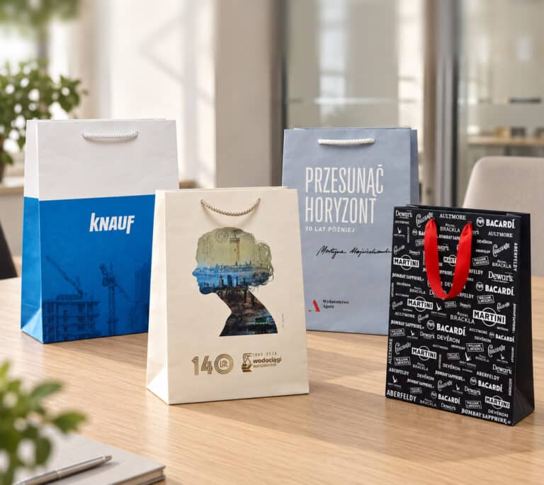 Torby reklamowe z logo firm Knauf, Wodociągi Warszawskie, Bacardi i Agora - realizacje producenta toreb papierowych Mer Plus