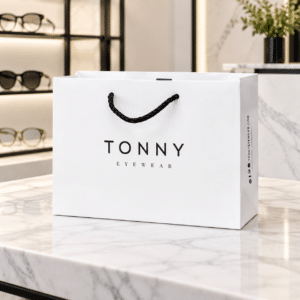 Białe pudełko z logo marki okularowej Tonny Eyewear