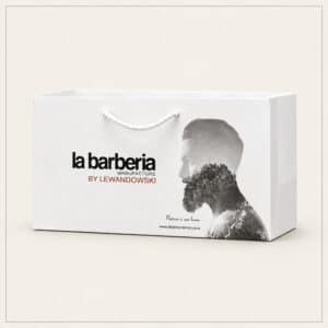 Biała torba premium La Barberia by Lewandowski z grafiką mężczyzny