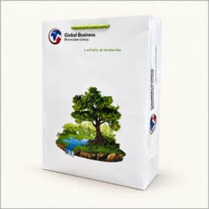 Biała torba reklamowa Global Business Promotion Group z ilustracją drzewa i zielonym uchwytem