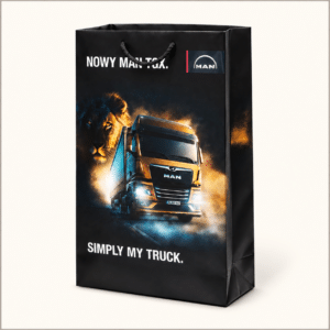 Czarna torba reklamowa MAN Simply My Truck z grafiką ciężarówki