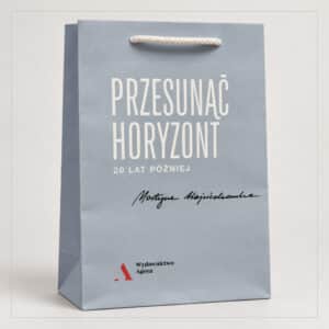Niebieskoszara torba reklamowa z nadrukiem Przesunąć horyzont Wydawnictwa Agora