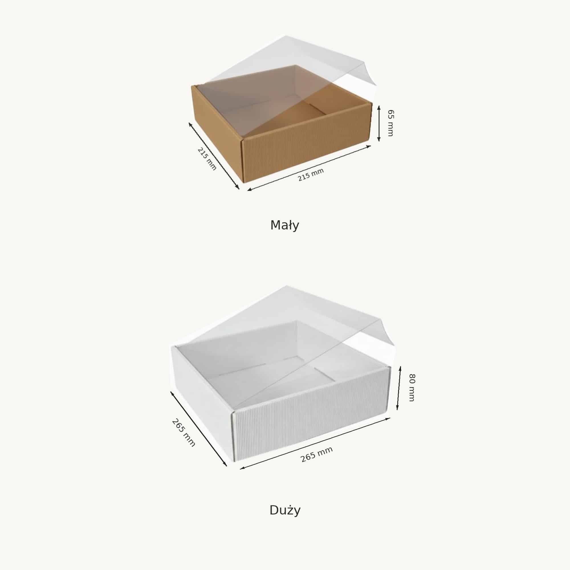 Koszyk kwadratowy z plastikowym wieczkiem: mały kraftowy 215 x 215 x 65 mm i duży biały 265 x 265 x 80 mm