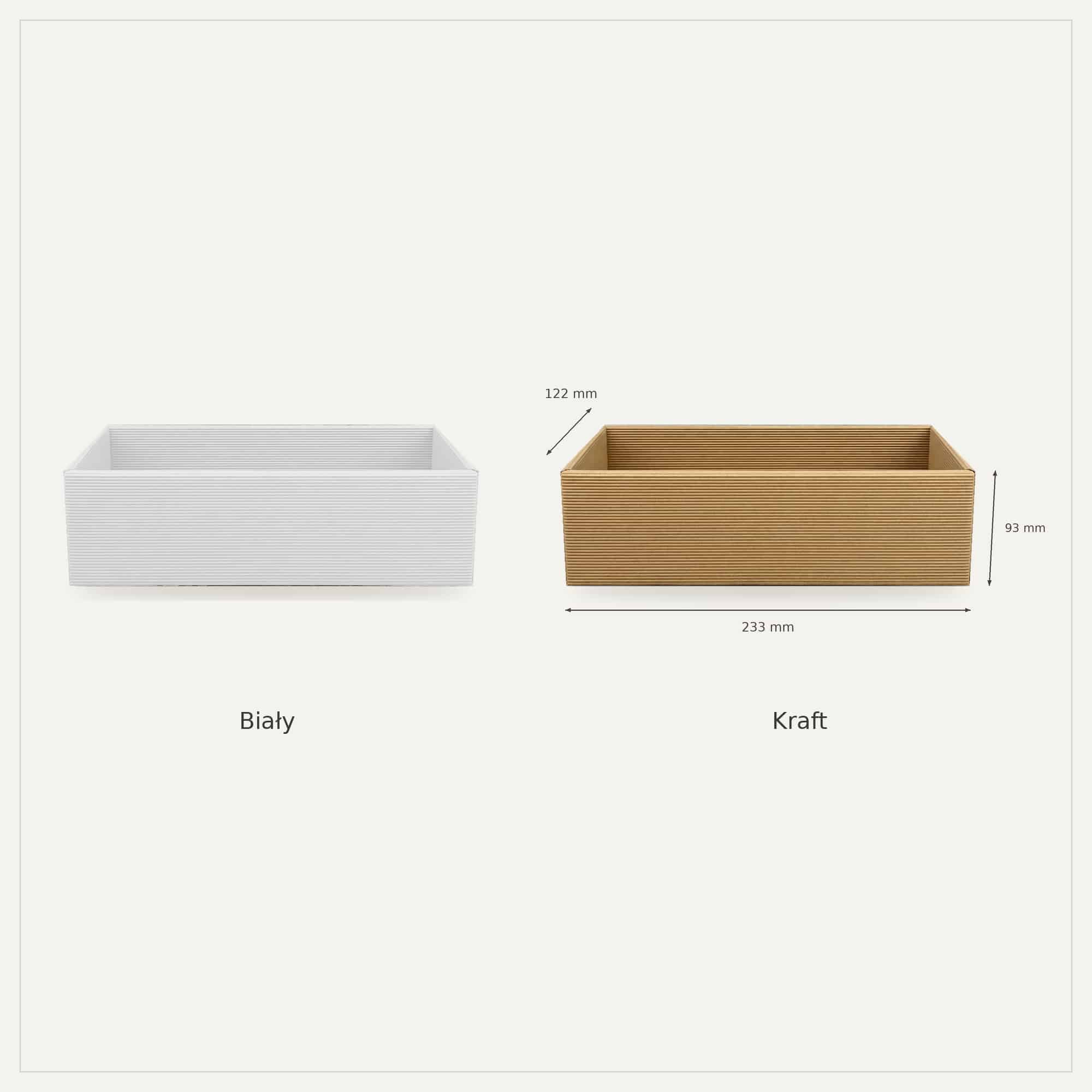 Koszyk podłużny z tektury falistej biały i kraft, wymiary 233 &times; 122 mm, wysokość 93 mm