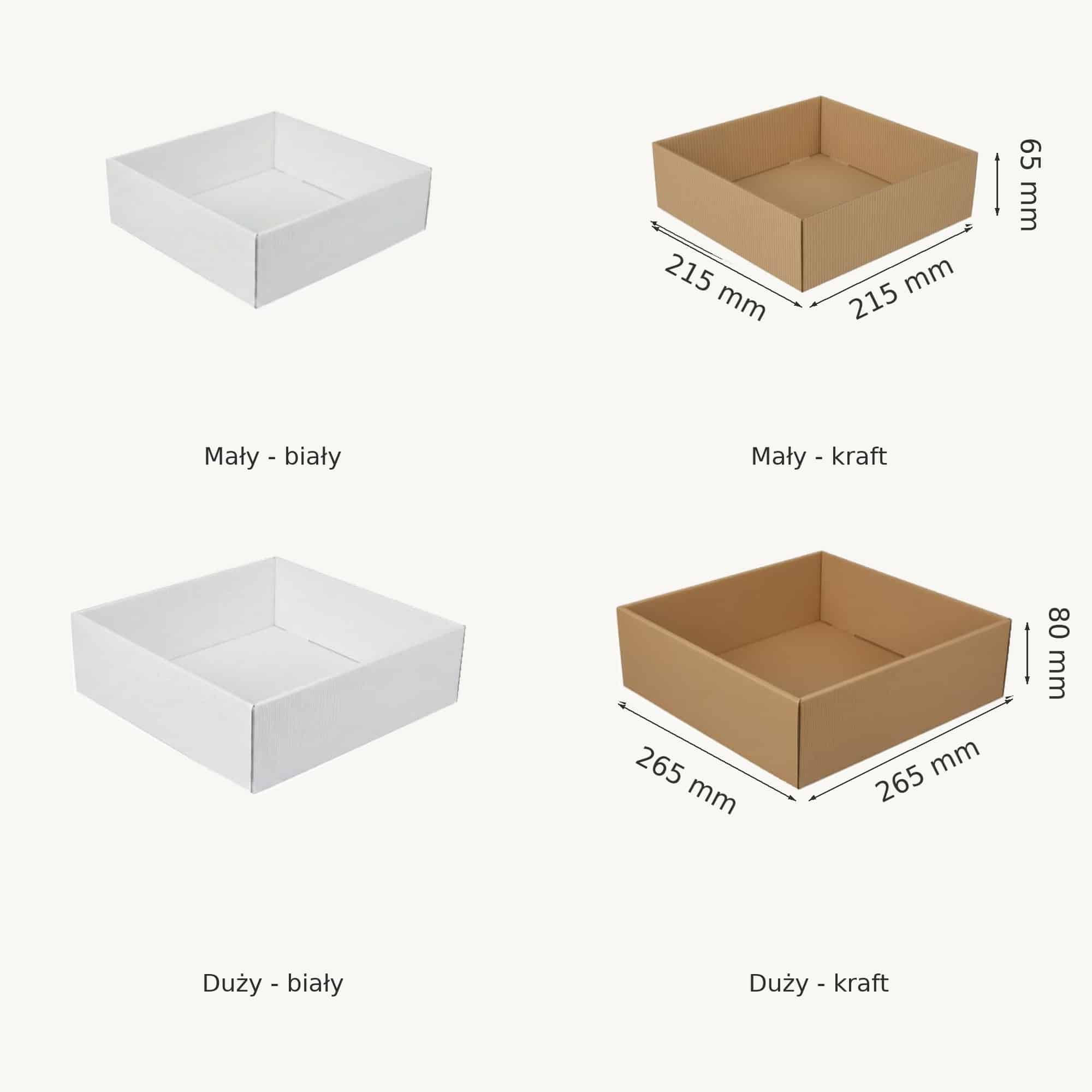 Kwadratowe koszyki bez wieczka z tektury falistej, białe i kraft: mały 215 &times; 215 &times; 65 mm, duży 265 &times; 265 &times; 80 mm