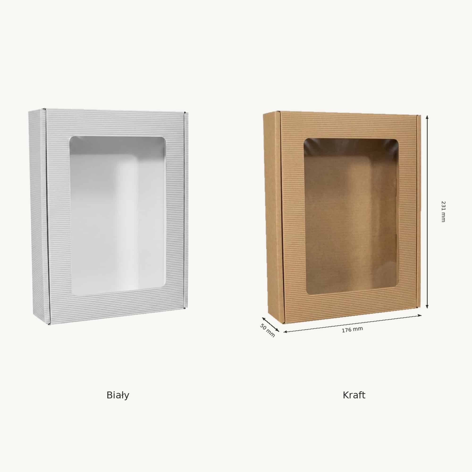 Pudełko prezentowe A5 z okienkiem z tektury falistej, wariant biały i kraft, z wymiarami 231 x 176 x 50 mm